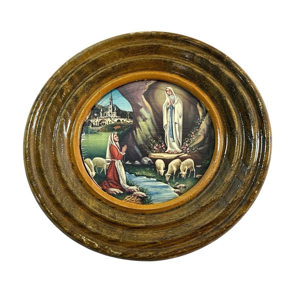 Vintage Our Lady of Lourdes St. Bernadette Wood Wall Plaque 5.75β